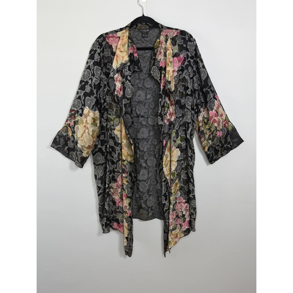 Citron Santa Monica Open Front Duster Jacket XL Black Floral Burnout Artsy Whims